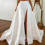 Detachable wedding overskirt in taffeta, featuring a side slit and elegant floor-length design.