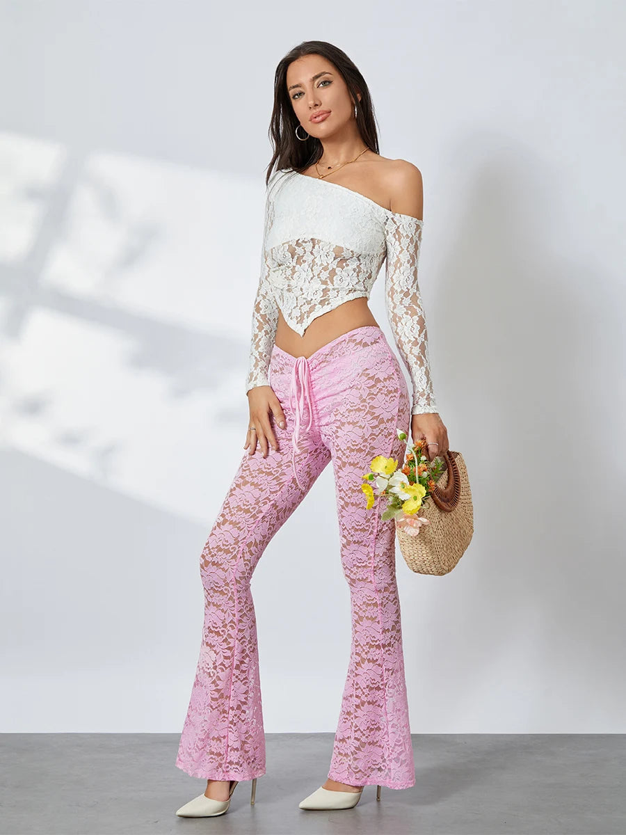 Women Lace Flare See-Through Pants