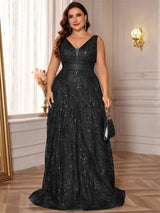 Women Plus Size V-Back Sequin Evening Cocktail Dress