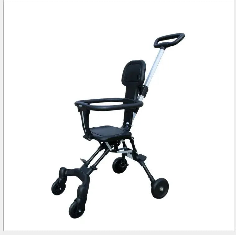 Light foldable baby stroller with a sleek design, two-way seat, and compact fold for easy transport.