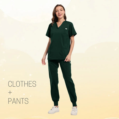 Model wearing a dark green multicolor scrub set, featuring a short sleeve top and pants, suitable for healthcare settings.
