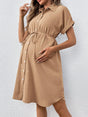 Casual summer maternity dress in solid brown with button-down design and gathered waist, ideal for expecting mothers.