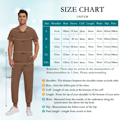 Size chart for unisex nurse surgical scrub suit jogger set, featuring measurements for shoulder, bust, sleeve, and more.