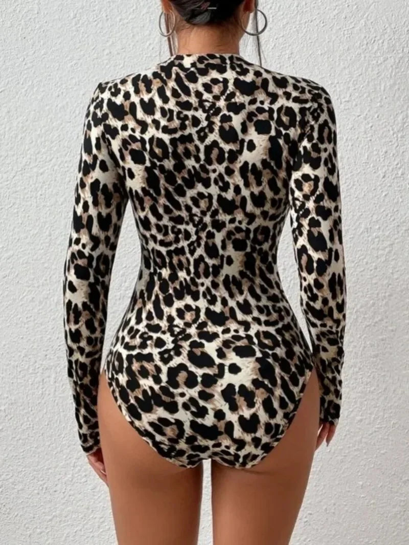 Leopard Print Bodysuit Women – Long Sleeve Top