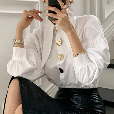 Chic Pearl-Button White Blouse with Loose Fit, Y2K Style, showcasing a fashionable look for women in autumn/winter.