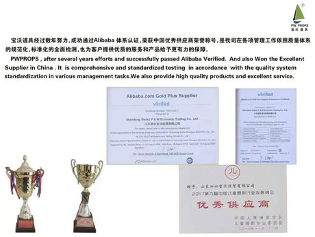 Certificates and awards showcasing PW PROPS' Alibaba Gold Plus Supplier status and excellence in product quality and service.