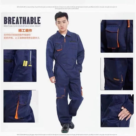 Breathable blue mechanic welding coveralls for utility and safety, featuring multiple pockets and designed for comfort.