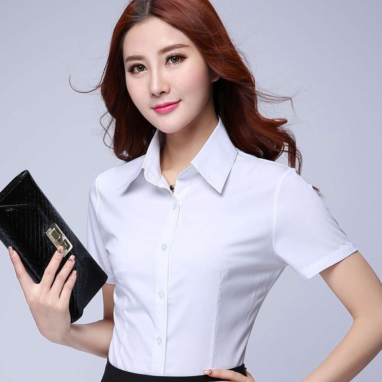 Model wearing a white short sleeve shirt, showcasing youthful office style and slim fit for women.