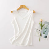 Silkaire™ 100% Mulberry Silk V-Neck Strap Top for women, premium solid white sleepwear vest.