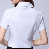Back view of KoreLux™ white short sleeve shirt featuring a slim fit and turn-down collar, ideal for youthful office style.