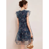 Women’s LOUIS YAO sparkling dress with flounced edges, perfect for summer outings, shown in blue with patchwork design.