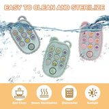 Baby teether gloves in water, showcasing easy cleaning methods: boil, steam, dishwasher, and sunlight.