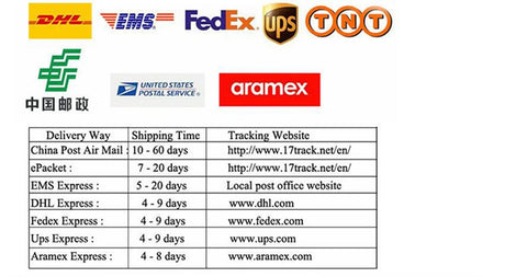 Shipping options and delivery times for various courier services including DHL, FedEx, UPS, and Aramex.