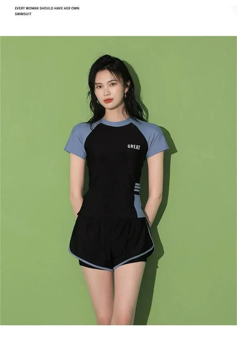 Women Patchwork Short Sleeve Swimsuit