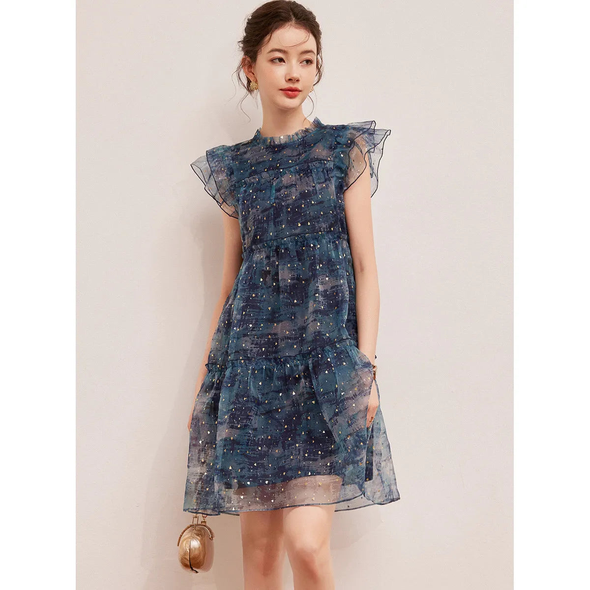 LOUIS YAO Sparkling Dress in blue with flounced edge, perfect summer outfit for women, above knee style.