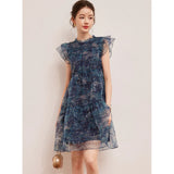 LOUIS YAO Sparkling Dress in blue with flounced edge, perfect summer outfit for women, above knee style.