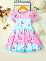 Girls knee-length unicorn dress in pink and blue with cartoon pattern, perfect for summer casual wear.
