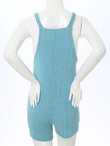 Back view of a sleeveless ribbed maternity jumpsuit in blue, perfect for casual summer wear for expectant mothers.