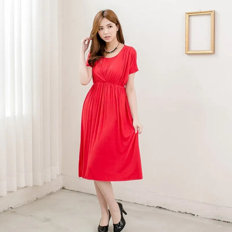 Soft fabric red maternity dress with short sleeves, perfect for breastfeeding and postpartum wear.