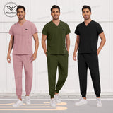 Men's short-sleeved scrub uniform sets in pink, green, and black from NiaaHinn, designed for medical and work environments.