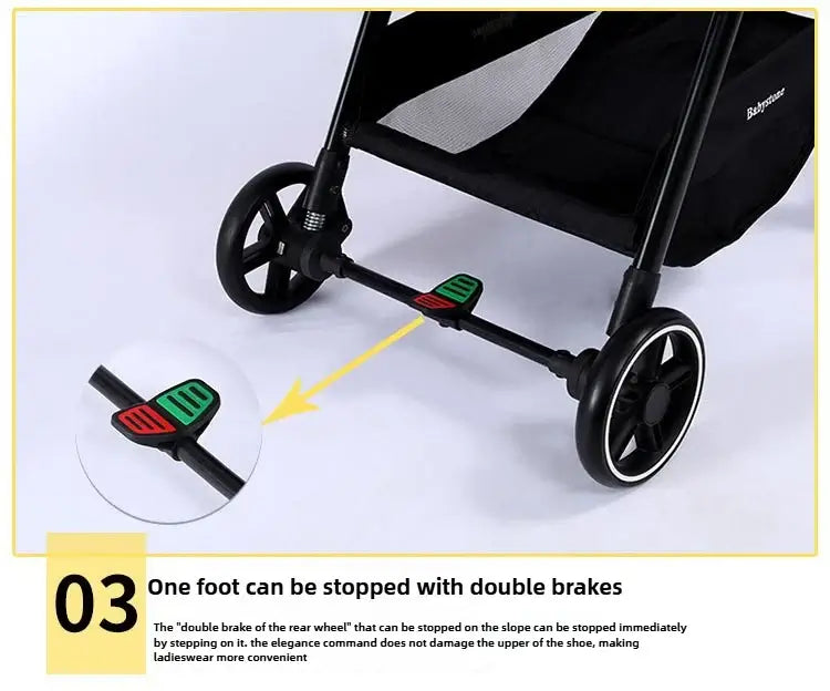 Highview Baby Stroller featuring dual foot-operated brakes for enhanced safety and convenience during use.