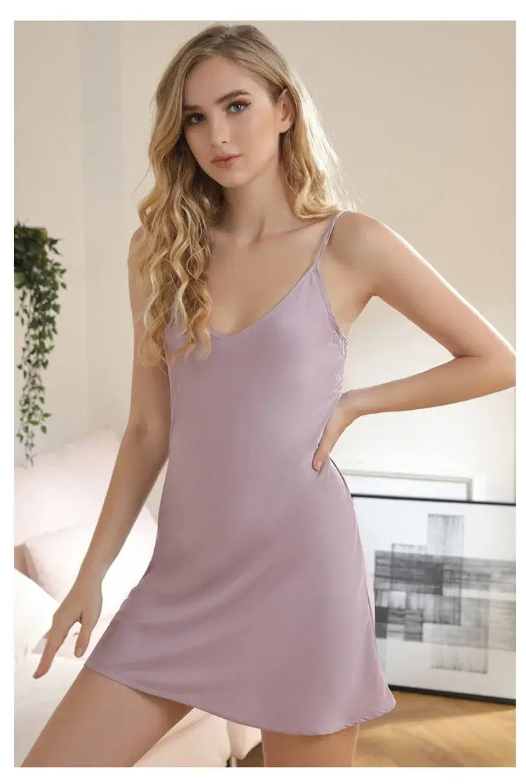 Women Ice Silk Satin Nightdress Sexy V-Neck Sleepwear