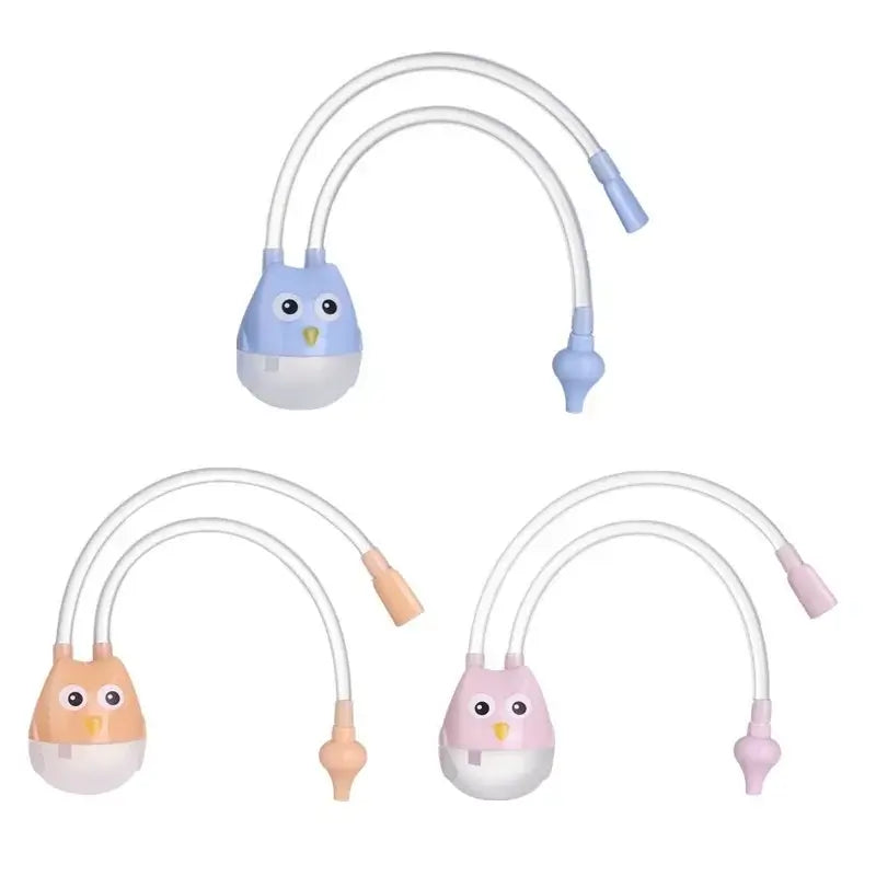 Colorful cartoon baby nasal aspirators in owl design for children, featuring silicone and ABS materials.