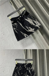 DyeDrape™ – Tie-Dye Short Denim Skirt (Black Gray, Fringed A-Line)