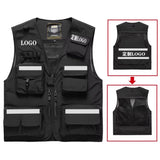 Reflective black work vest with multiple pockets and logo customization, designed for utility and safety.