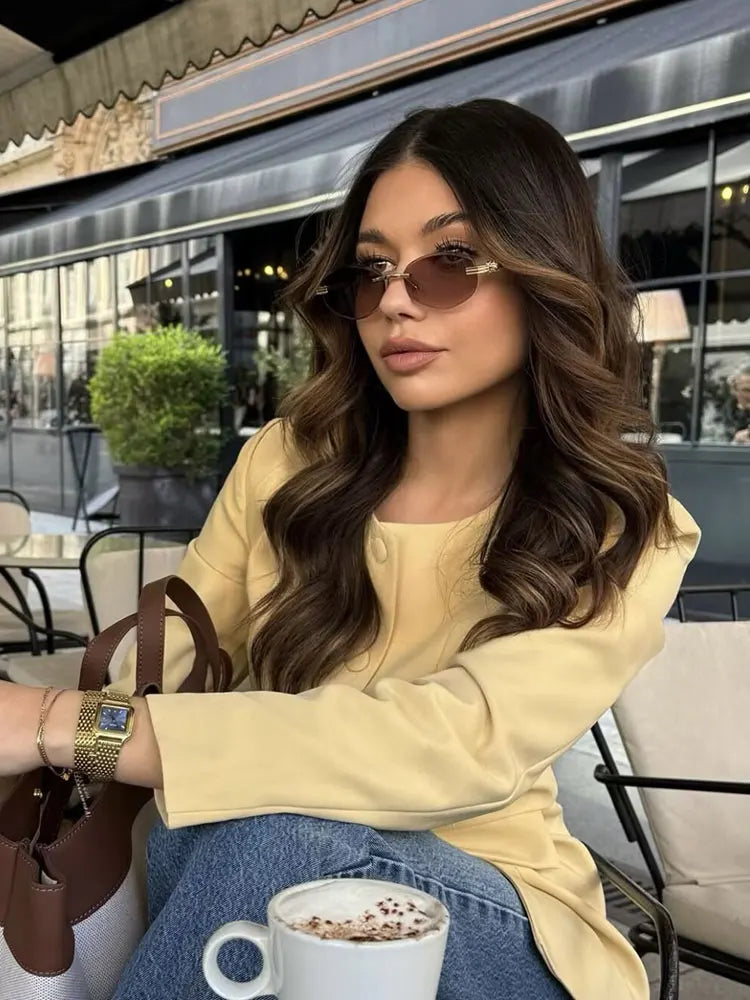 Elegant Yellow O-Neck Blazer Coat