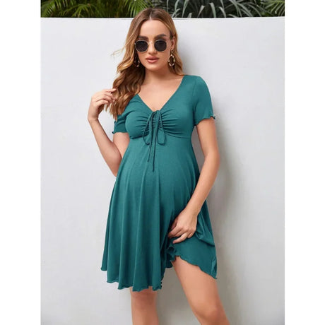 Pure Color V-Neck Maternity Dress in teal, perfect for summer plus size fashion, featuring a knee-length A-line silhouette.