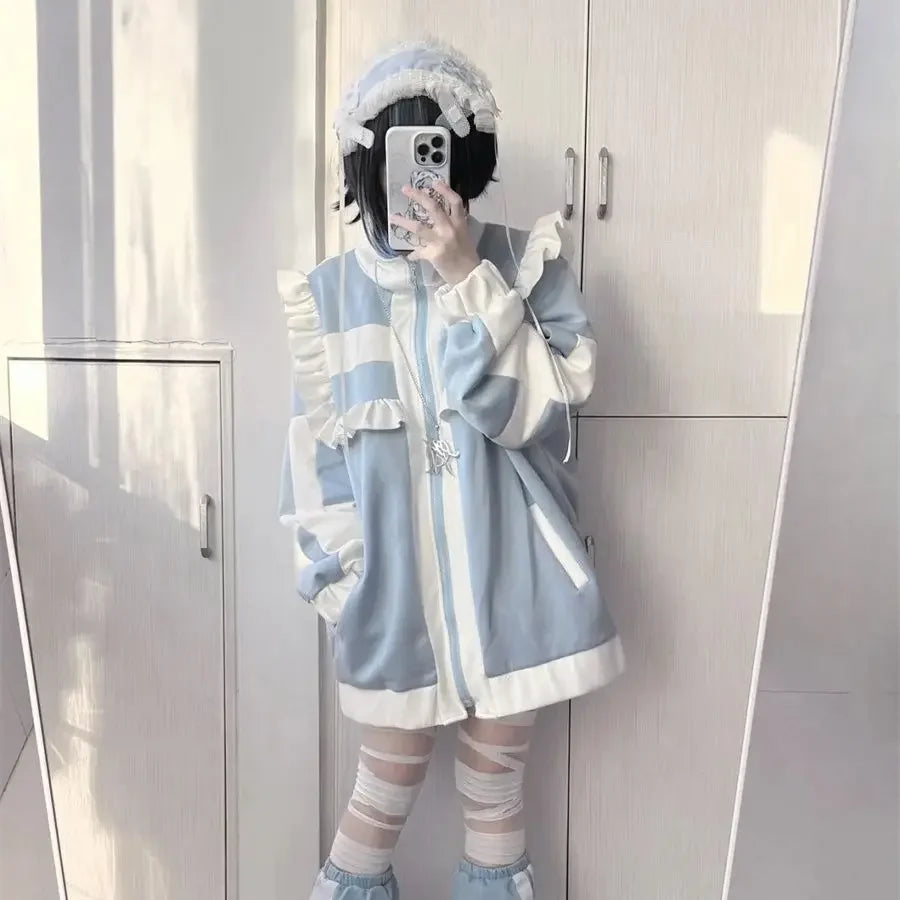 Japanese Patchwork Oversized Women's Coat – Y2K Lolita Ruffle Jacket