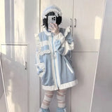 Japanese Patchwork Oversized Women's Coat – Y2K Lolita Ruffle Jacket