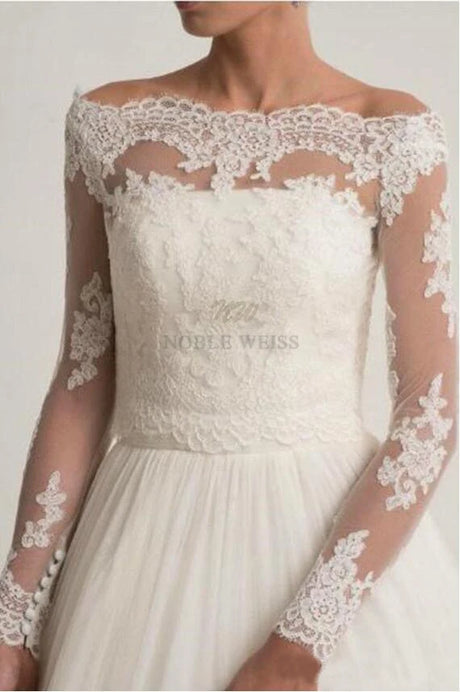 Lace off shoulder bridal jacket with long sleeves and intricate appliqued details, perfect for elegant weddings.