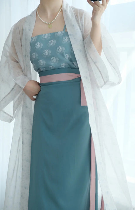 Song Dynasty Hanfu retro three piece outfit in teal and white, featuring floral patterns and elegant layering, ideal for women.