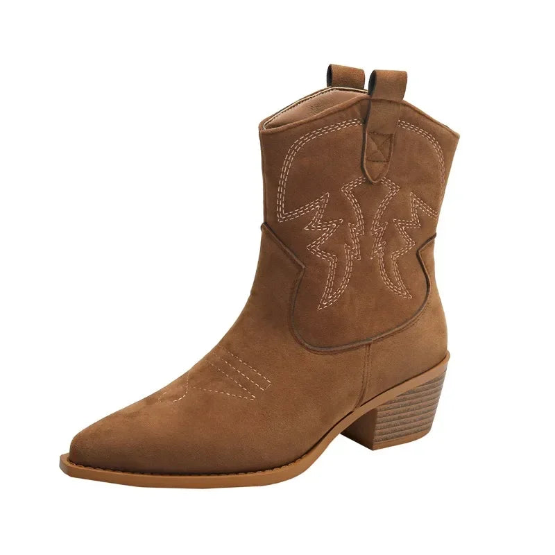 Women Western Cowboy Short Boots – Coarse Heel Embroidered Leather