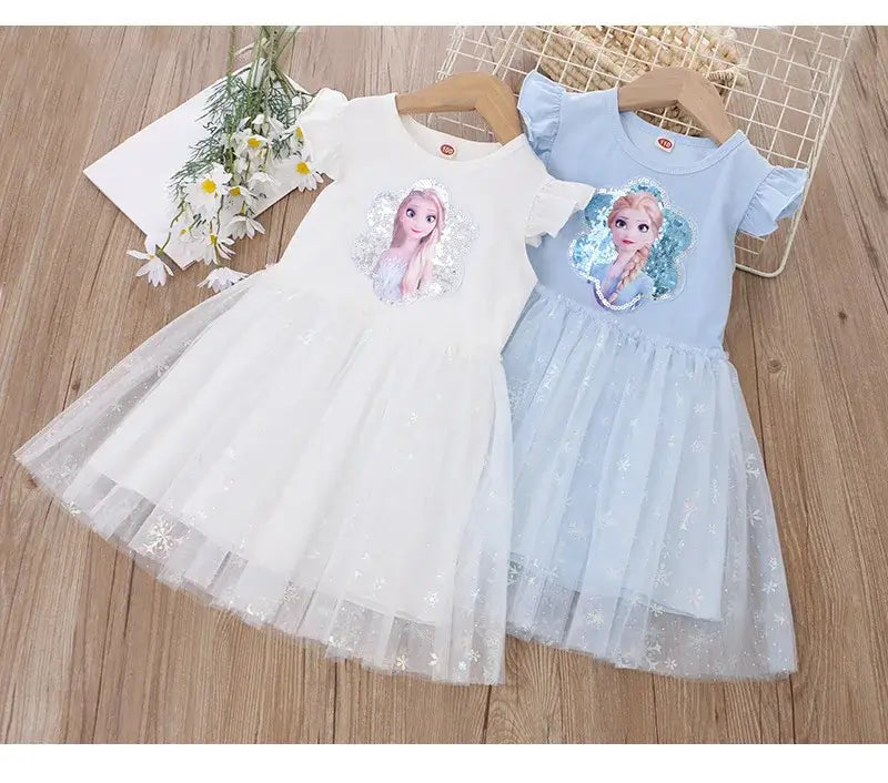 Girls summer dresses featuring princess designs in white and blue, made from cotton and mesh for ages 4-6Y.