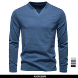Men Cotton Henley Long Tee