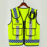 Adjustable mesh safety vest in bright yellow, featuring reflective stripes and multiple pockets for utility and safety.