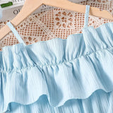 Light blue patchwork lace dress with one-line shoulder straps for girls, showcasing soft cotton fabric.