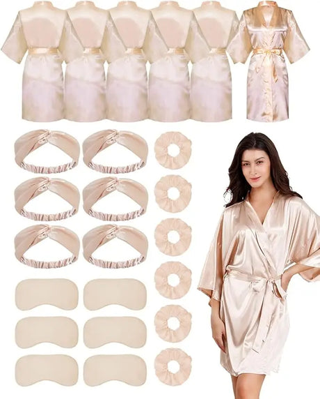 Short silky satin bride robes set with matching accessories for wedding parties, featuring sleep masks and hair scrunchies.