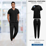 Unisex medical scrub uniform set featuring short sleeved top and pants, ideal for healthcare professionals in various colors.
