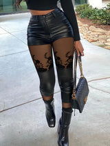 Women Mesh PU Leather Skinny Pants