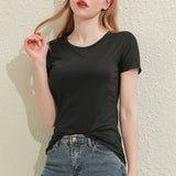 Slim fit black cotton tee for women, perfect for summer styling and casual wear.