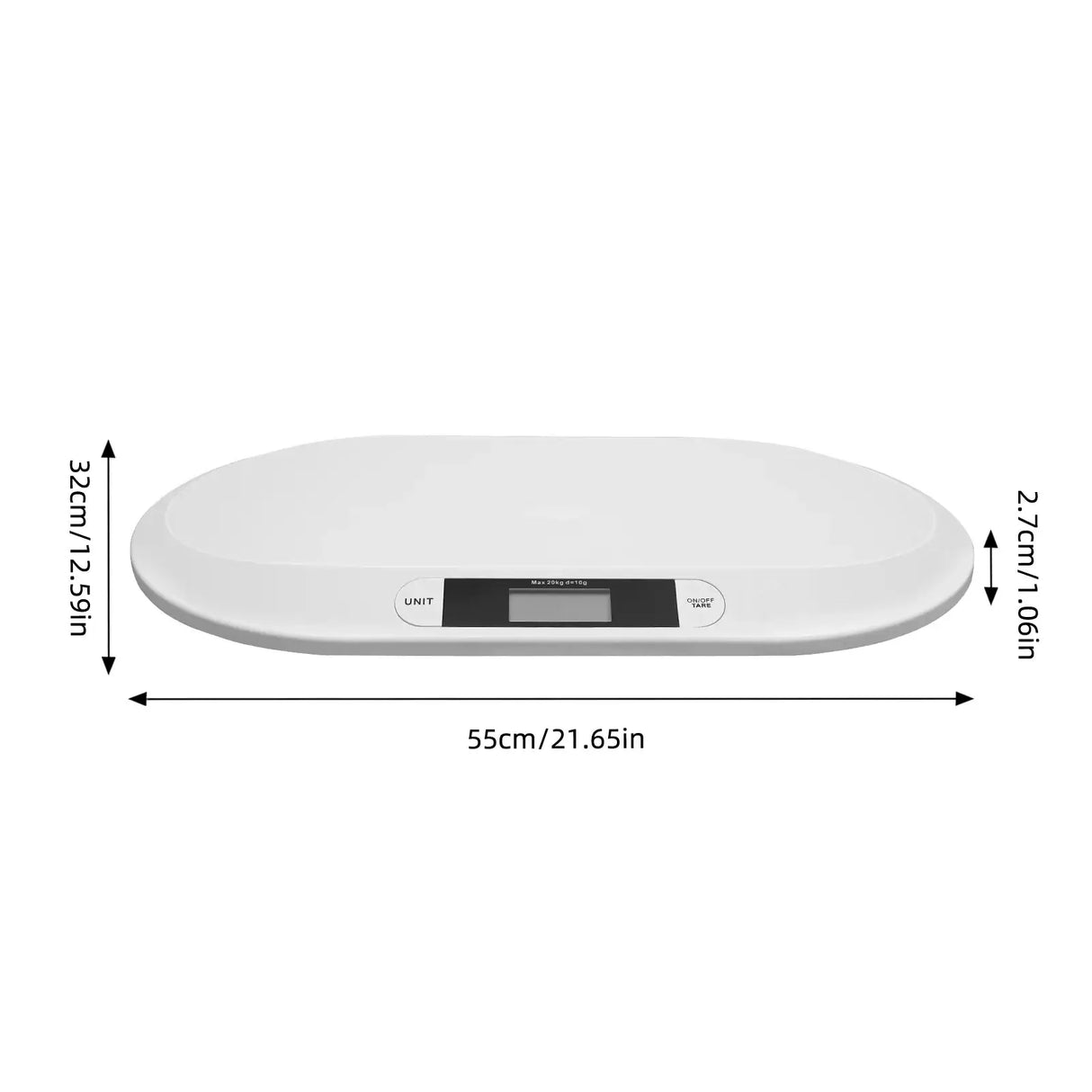 Ergonomic digital baby scale with LCD display, measuring 55cm x 32cm, designed for accurate baby weight measurement.