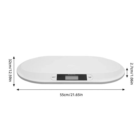 Ergonomic digital baby scale with LCD display, measuring 55cm x 32cm, designed for accurate baby weight measurement.