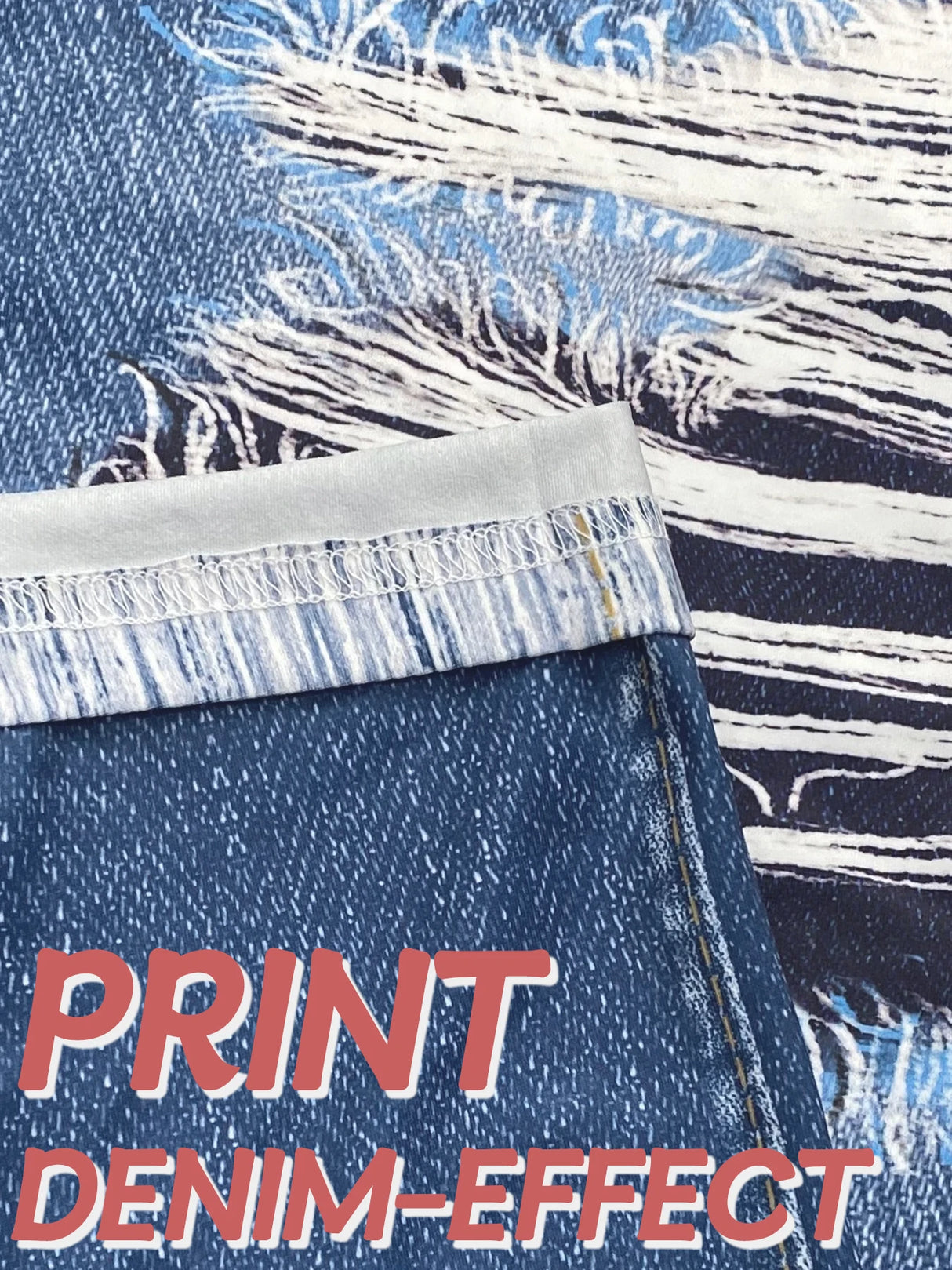 Women Imitation Denim Ripped Print Leggings