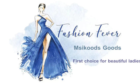 Watercolor illustration of a woman in a blue gown, showcasing elegant fashion with the text 'Fashion Fever'.