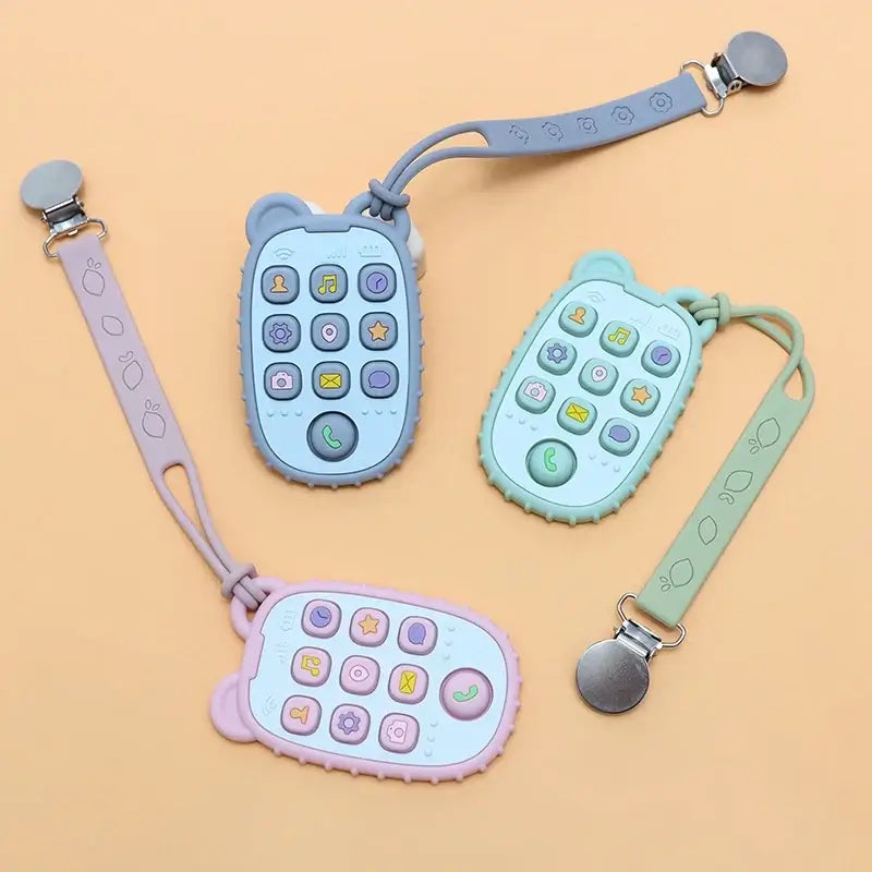 Colorful baby phone toys with soft silicone buttons and straps, designed for infants and toddlers.