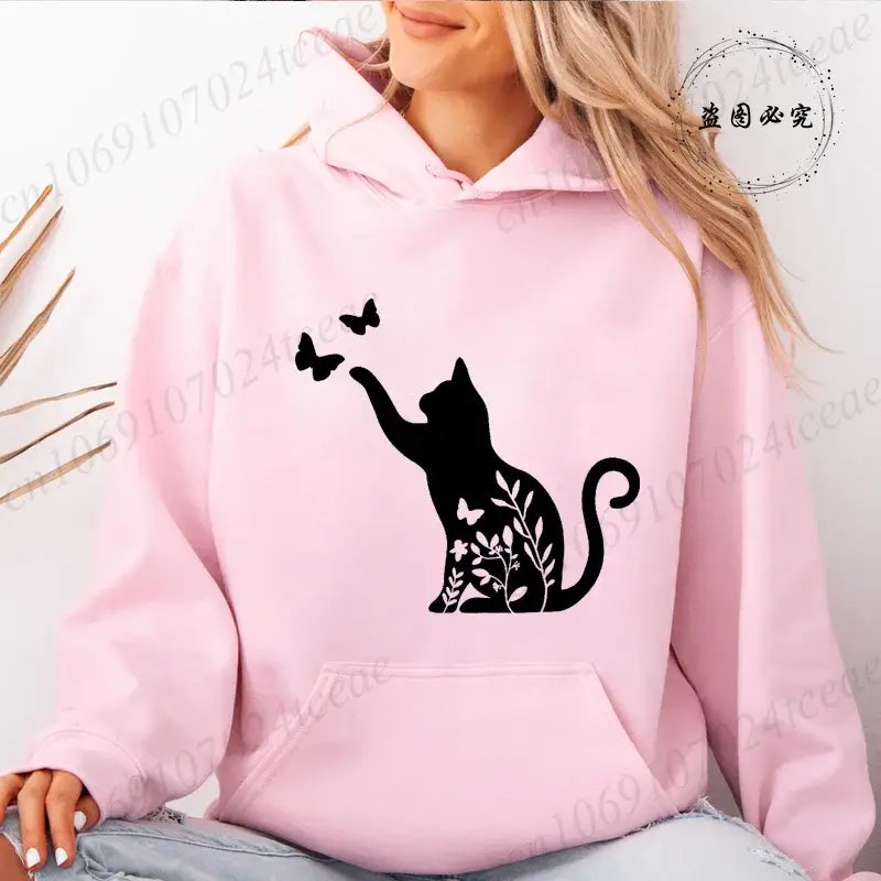 Women Cat Heartbeat Print Hoodie Streetwear Pullover